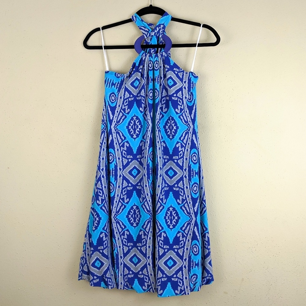 Aztec Print Halter Dress Bubble Hem Blue Small